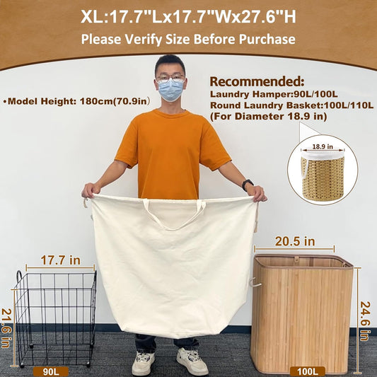 Canvas Laundry Bags 18x18in with Handles & Square Base, Extra Large Heavy Duty Laundry Basket Hamper Liner, Washable Drawstring Dirty Clothes Bag Canvas Storage Sack (Natural XL,1 Pack)