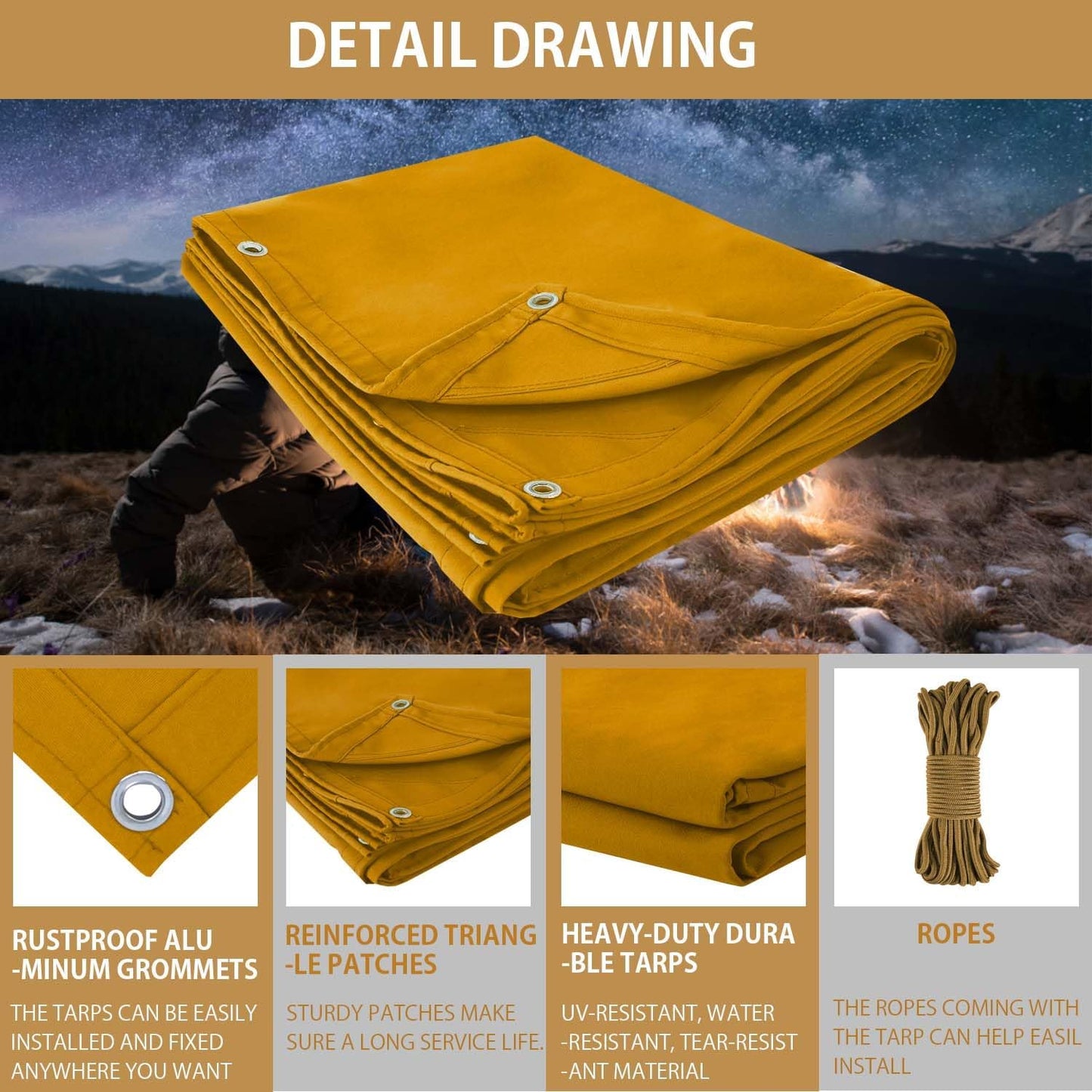 FoundGo 12x24ft Canvas Tarp 22 Mil Tarps 14 oz Canvas Tarpaulin Heavy Duty Cloth Water/UV Resistant Cover with Rustproof Grommets & Ropes for Cars,Roofs,Boats,Camps,Sunshades,Moisture Barrier -Tan