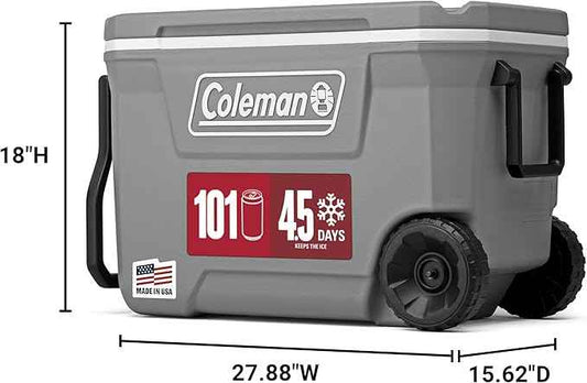 Coleman Classic Series Insulated Portable Rolling Cooler with Wheels, Leak-Resistant Outdoor Hard Cooler Keeps Ice up to 5 Days, 62-Quart