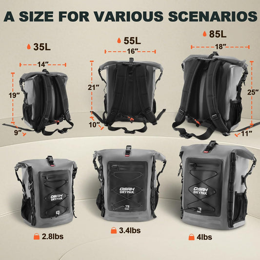 Waterproof Backpack Dry Bag 35L/55L/85L β Heavy Duty Roll-Top Hiking Backpack for Travel, Kayaking, Boating, Camping, Rafting and Fishing