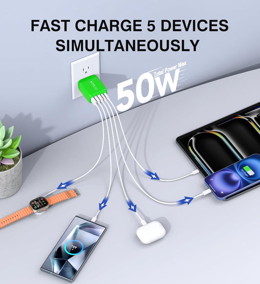 50W USB C Wall Charger Block,5-Port C Charger Fast Charging Block PD Power Adapter +QC 3.0 Multiport Type C Box Charger Cube USB A Wall Plug for iPhone 16/15/14/13 Pro Max Plus,Samsung(Green)(2-Pack) - Roamly
