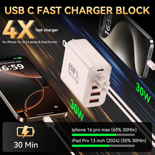 USB C Charger Block, 65W USBC Wall Charging Blocks 6-Port PD & QC Power Adapter Multiport Type C Fast Chargers Plug Cube Brick for iPhone 16/15/14/13/12/Pro Max,iPad Pro,Samsung Galaxy S25 Black