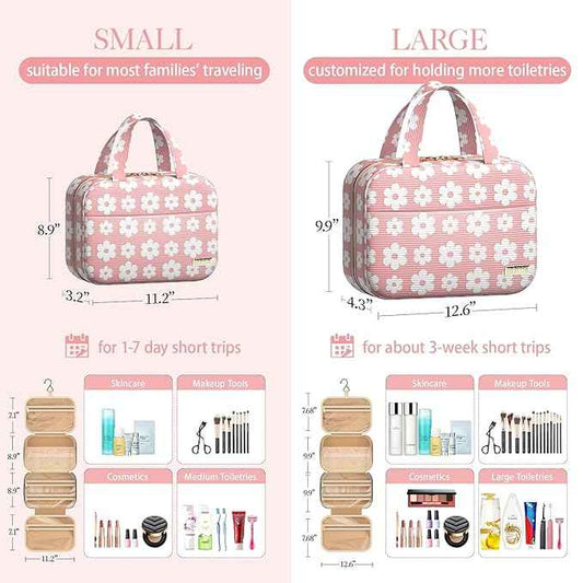 HOTOR Travel Toiletry Bag - Hanging Toiletry Bag for Women & Men, Makeup Bag/Big Comparment, Waterproof for Travel Accessories, Travel Essentials, Medium, Pink with White Daisy