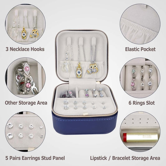 【2 Pack】 PU Leather Travel Small Portable Mini Travel Jewelry Organizer for Rings Necklaces Earrings and Lipstick Color Blue and Pink