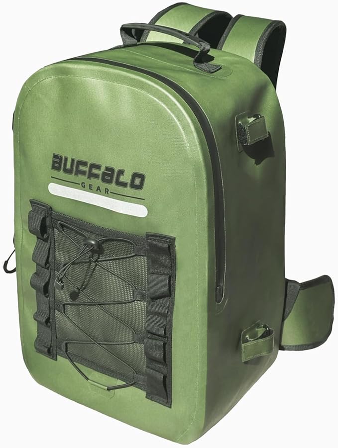 Buffalo Gear 26L Waterproof Fishing Tackle Backpack with Rod Holder, Fly Fishing Gear Storage Bag for Outdoor Angling