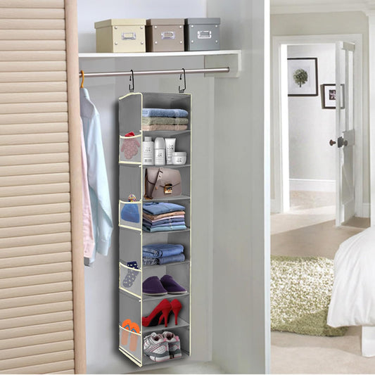 Large-Sized Hanging Shoe Organizer 8-Shelf, Hanging Closet Organizer with 8 Side Pockets, Wider Hanging Shelves for Storage Shoes Clothes 9" W Ă 11.8" DĂ 48" H, Grey