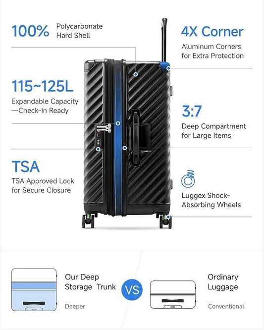 LUGGEX Trunk Luggage,KVT Expandable PC Hard Shell Large Checked 30 Inch Suitcase with Shock - Absorbing Wheels & TSA Lock(EX-Pro,Black,30 inch,115L - 125L)