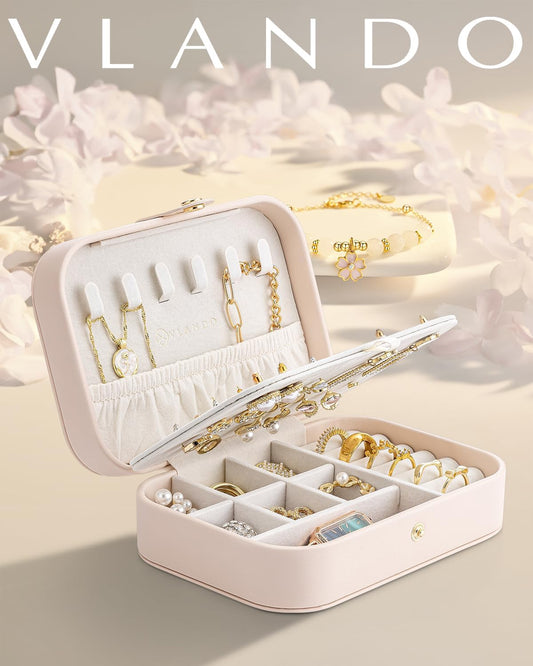 Vlando Travel Jewelry Case, PU Leather Travel Jewelry Box with Earring Holder, Portable Display Small Jewelry Box for Mothers Day Women Girls Gift - Pink