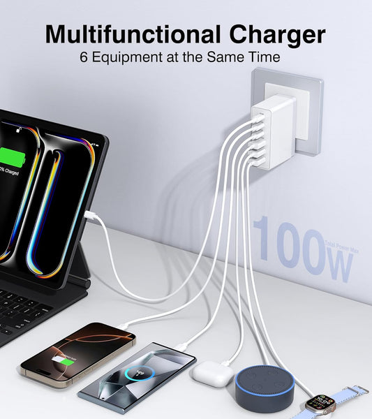 100W USB C Wall Charger,6-Port PD Fast USB C Charging Block,3 Type C+3Type A Multiport Plug,6 in 1 Charger Compatible with for iPhone 16/15/14/13/12/ProMax,iPad,AirPods4,Galaxy S25/S24,Watch,AirPorts - Roamly