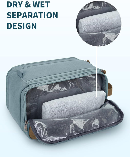 WANDF Toiletry Bag for Men Travel Toiletry Organizer Canvas and Leather Dopp Kit Water-Resistant Shaving Bag for Travel Accessories (Pale Blue, Large) - Roamly