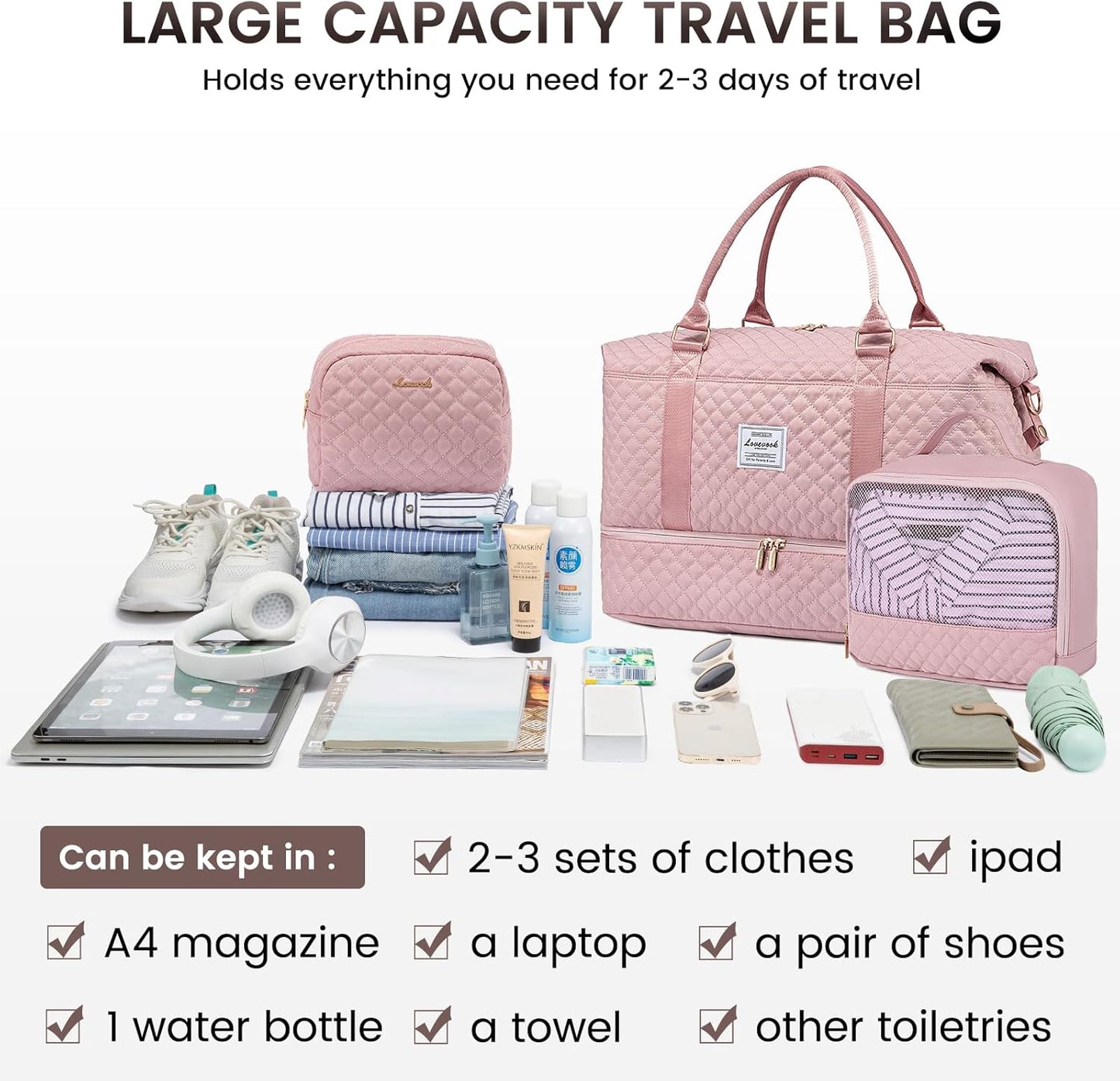 LOVEVOOK Travel Duffle Bag,Weekender Bags for Women with Shoe Compartment,Carry on Overnight Bag with Toiletry Bag,Gym Duffel Bag with Wet Pocket, Hospital Bags for Labor and Delivery