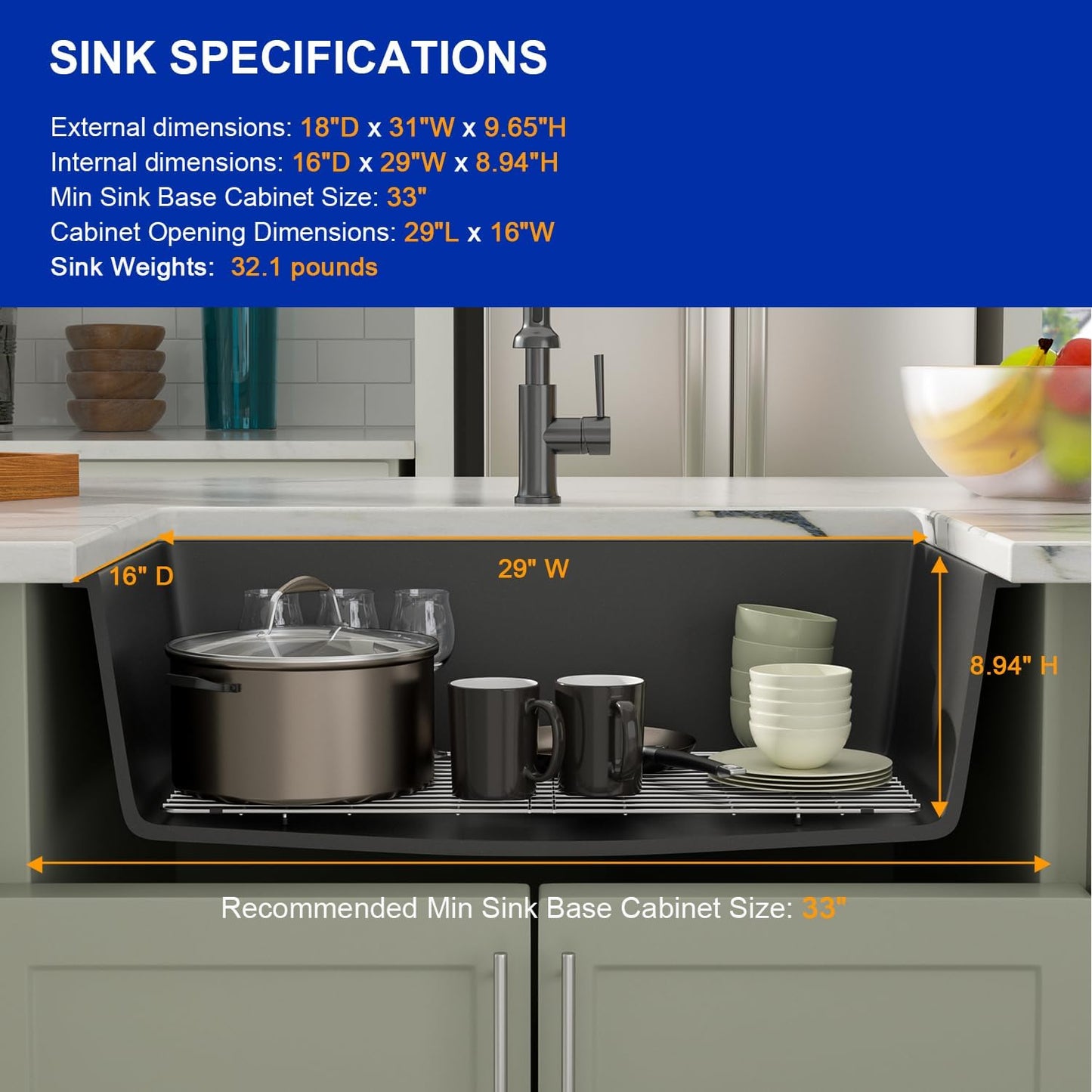 Dcolora 31 Inch Quartz Composite Black Kitchen Sink Undermount Sink Deep Single Bowl, 31"x18" Round Corner, DC-GU7748