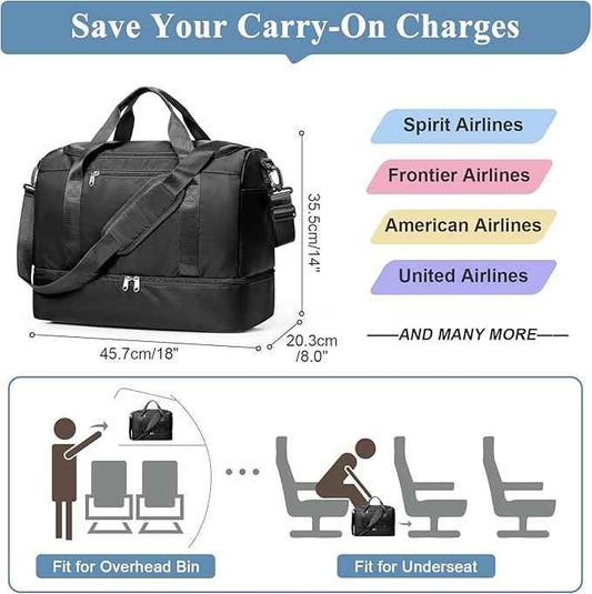 Travel Duffel Bag for Women, Carry-on Overnight Weekender Bags with Wet Pocket & Toiletry Bag, For Spirit Airlines 18x14x8 Personal Item Bag,Small,Black