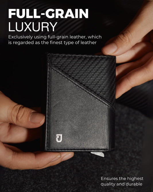 Jenoss Smart Wallet For Men: Full Grain Leather, Handcrafted, Slide Metal Pop Up Grey Case, Slim RFID Blocking Credit Card Holder, Minimalist Compact 12 Cards Slot Organizers ID Money Clip (Carbon)