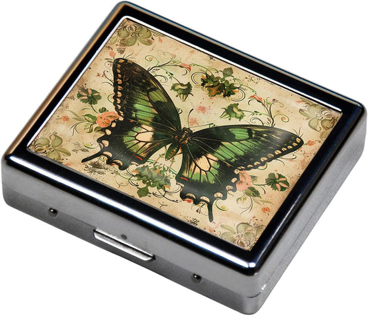 Cute and Portable Metal Pill Organizer – 8 Compartments, Elegant Chrome Finish, Ideal for Travel and Daily Use (Vintage Butterfly)