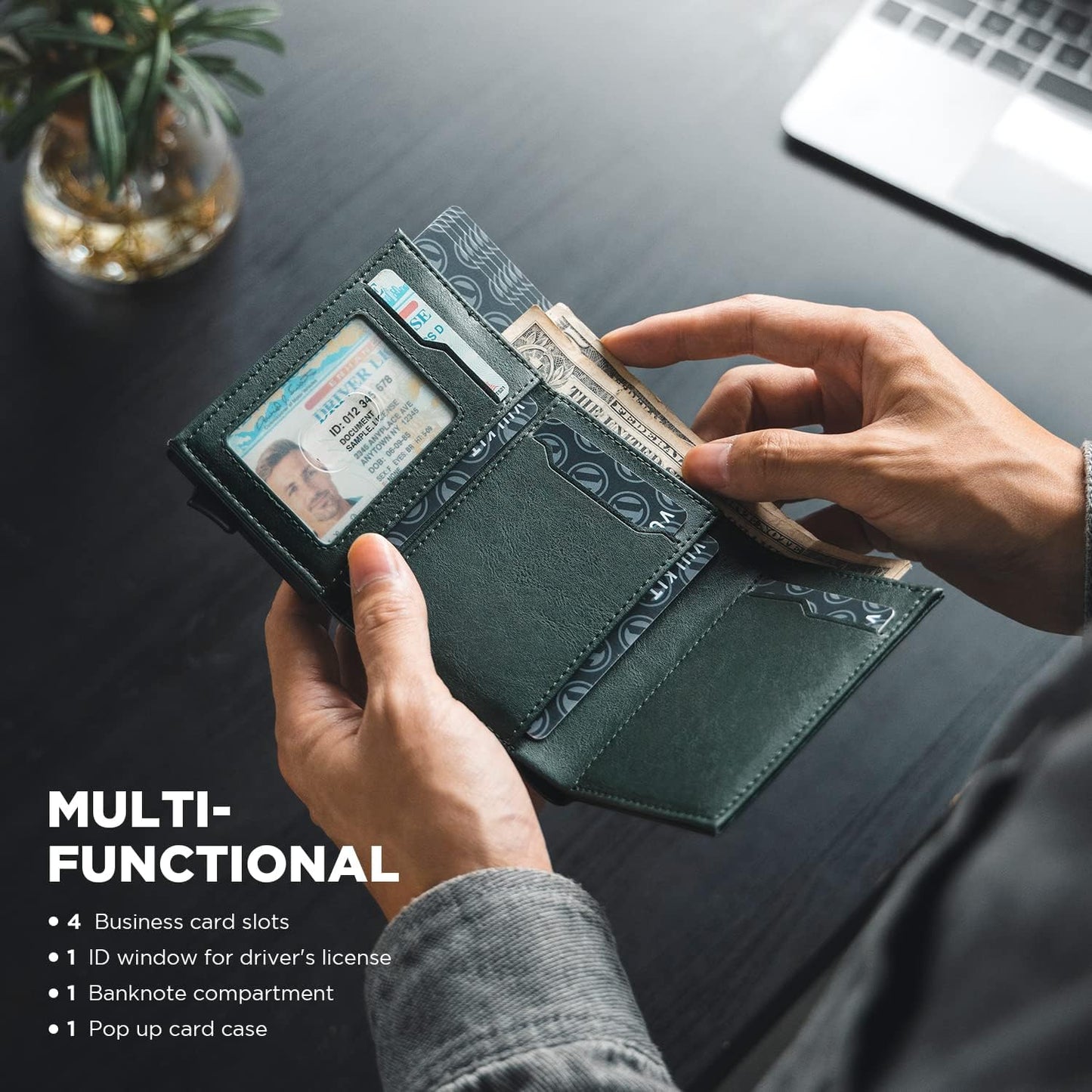 VULKIT Pop up Card Wallet Minimalist Cash Wallets RFID Blocking Leather Smart Credit Card Holder with ID window for Men(Green)