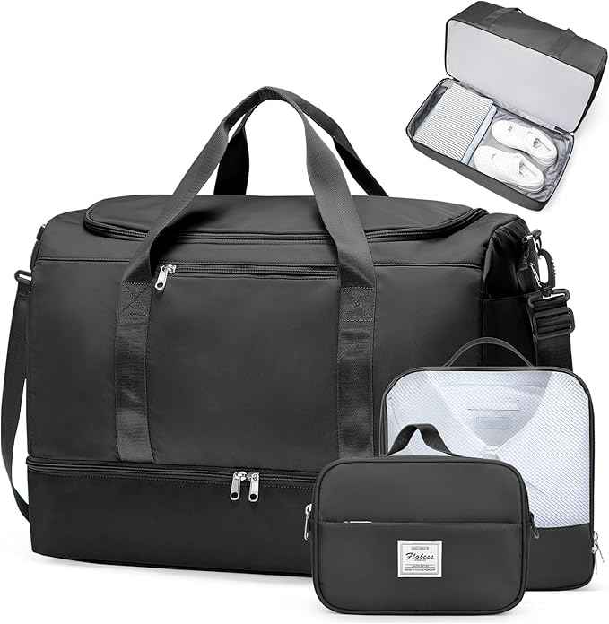 Large Travel Duffle Bag,Carry on Overnight Weekend Bag with Shoes Compartment,Weekender Bags for Women for Travel Business Trips Sport Hospital,3 Pcs Set,Black