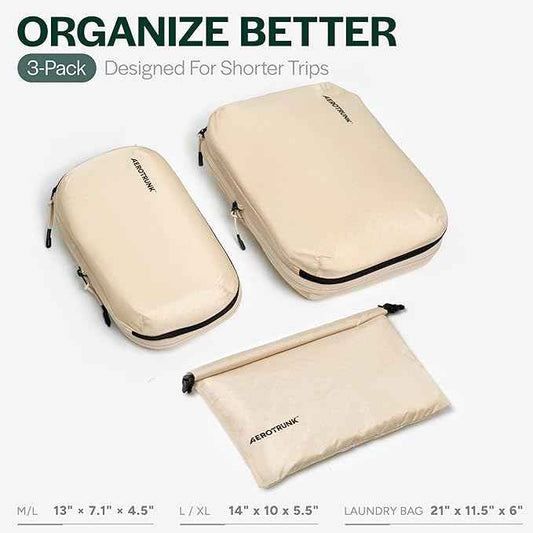 Aerotrunk Ultralight Compression Packing Cubes - Lightweight Travel Organizers for Suitcases and Luggage (3-Pack, Beige)