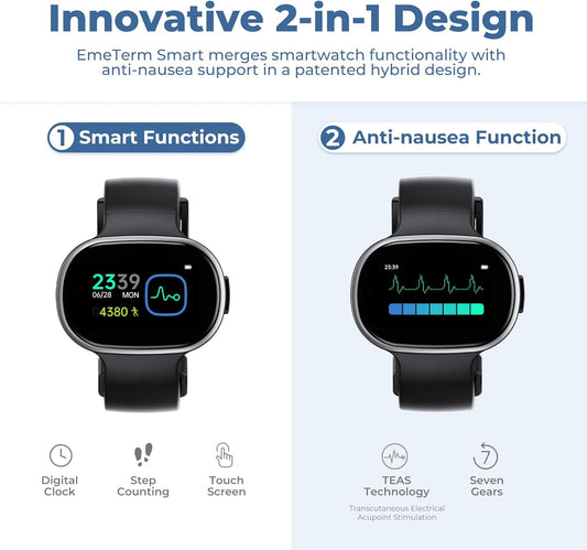 EmeTerm Smart FDA-Cleared Anti-Nausea Wristwatch Touchscreen IP67 Waterproof Morning Motion Sickness Relief Rechargeable Fast Acting Drug Free (Black - Extra 2pack Conductive Gel)