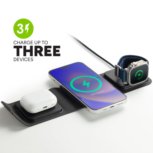 3-in-1 Travel Charger with MagSafe - Portable Wireless Charging Hub, Compatible w/Apple Devices, iPhone 17/16/15/14/13/12 Series, Apple Watch Series 11 to 1 & Ultra, AirPods Pro/3rd Gen, Black