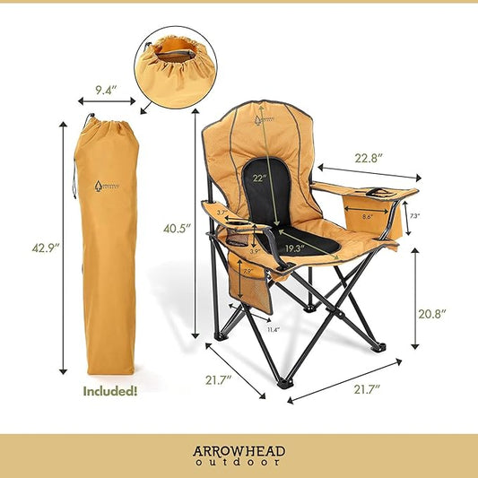 Arrowhead Outdoor Portable Folding Camping Quad Chair w/ 4-Can Cooler, Cup-Holder, Heavy-Duty Carrying Bag w/Easy Carry Shoulder Strap, Padded Armrests, Supports up to 330lbs, USA-Based Support
