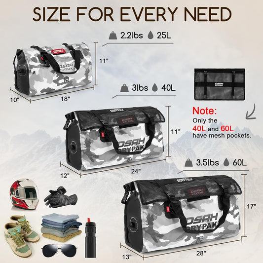 Waterproof Duffel Bag - Motorcycle Dry Bag Tail Bag with Large Storage Space, Waterproof Luggage Duffle Bags with Outer Mesh Zipper Pocket for Camping, Kayaking, Fishing & Traveling - Roamly