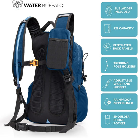 Water Buffalo Hydration Backpack - Sherpa 22L Hiking Backpack with Water Bladder - Water Backpack for Hiking with Waterproof Zippers, Phone & Pole Holders - Roamly
