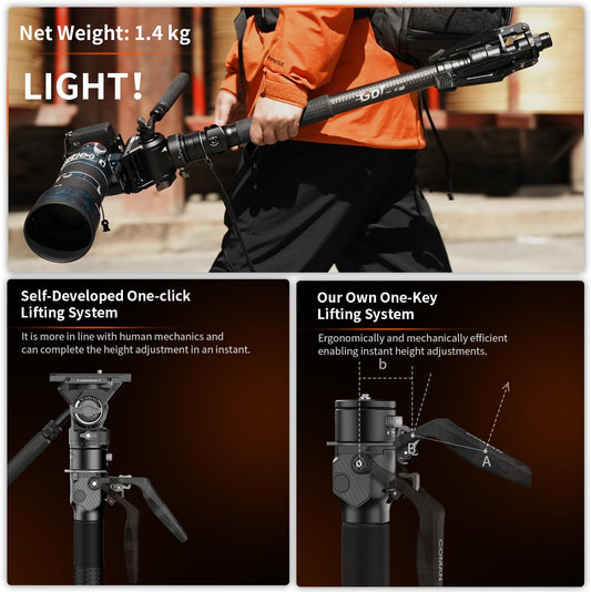 COMAN One-Click Lifting Carbon Fiber Monopod, 69ââ Camera Monopod with Feet, Lightweight Travel Tripod with Quick Release Plate for Camera, DSLR, Camcorder, Max Load 22lbs/10kg (M1ProV5)