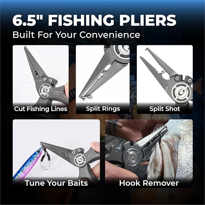 GOMEXUS Titanium Fishing Pliers 6.5'' with Side Cutters, Never Rust Hook Remover, Saltwater Resistant Fishing Tools for Inshore, Nearshore, Jigging Fishing