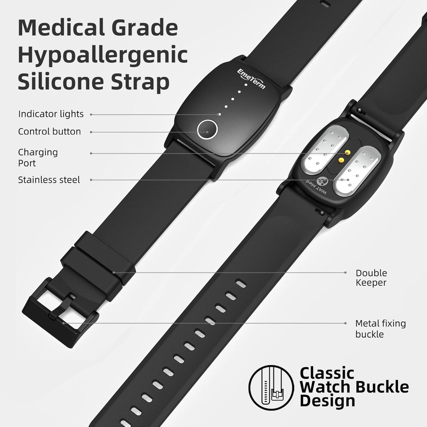 EmeTerm Explore FDA-Cleared Anti-Nausea Wristband IP67 Waterproof Morning Motion Sickness Relief Band Rechargeable Classic Strap Design Drug Free Non-drowsy Without Side Effects Galaxy Black