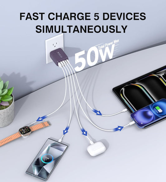 50W 2-Pack USB C Wall Charger Block, 5-Port C Charger Fast Charging Block PD Power Adapter +QC 3.0 Multiport Type C Box Brick Cube USB A Wall Plug for iPhone 16/15/14/13 Pro Max,Samsung Galaxy(Purple) - Roamly