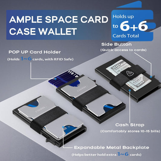 Mens Business Card Holder, Slim Card Wallet for Men and Women, Minimalist RFID Blocking Wallet with Pop-Up Function, Thin Design, Metal Cases Holds 6+6 Cards, Gifts for Men, Men's Accessories