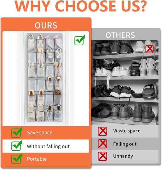 FENTEC 2 Pack Over the Door Shoe Organizer Hanging Shoe Organizer for Closet, Space Saving Mesh Large Pocket Shoe Storage and Organizer with 24 Packets, Shoe Holder for Apartments Garages, Gray