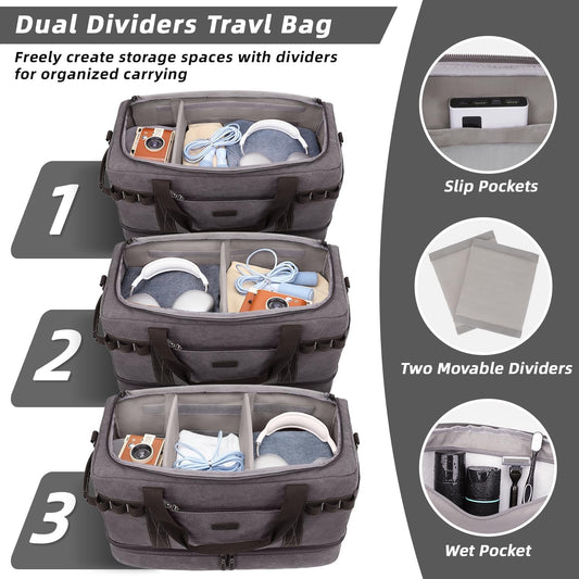 ZOMFELT Travel Duffle Bag for Men Women, Waterproof Canvas Overnight Duffel Bag with Removable Dividers & Shoe Compartment, Carry On Weekender Gym bag, Multi-Pocket & Vintage Design (Washed Grey) - Roamly