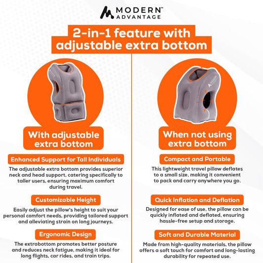 Modern Advantage Inflatable Travel Pillow for Airplanes with Adjustable Extra Bottom, Support Head & Chin to Avoid Neck & Shoulder Pain, for Travelling, Office Napping with Eye Mask & Earplug (Grey)
