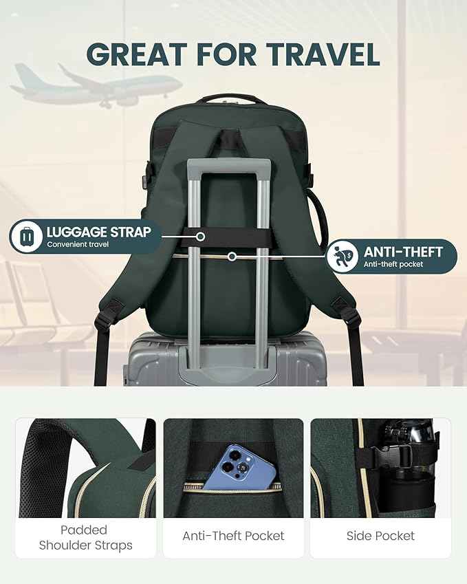 LOVEVOOK Travel Backpack for Women & Men 40L,Airline Approved Carry On Backpack Travel Essential,TSA Carry on Luggage,Waterproof Personal Item Travel Bag,Suitcase with Packing Cubes,Dark green-Black-1