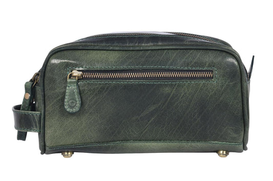 10" Premium Leather Toiletry Travel Pouch With Waterproof Lining | King-Size Handcrafted Vintage Dopp kit By Aaron Leather Goods (Seaweed Green) - Roamly