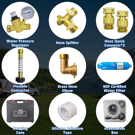 RV Water Pressure Regulator Kit, with Inline Water Filter, Lead-Free Brass Accessories, Leak Repair Kit, and All-in-One Suitcase, Complete Drinking Water Kit for RVs and Campers.