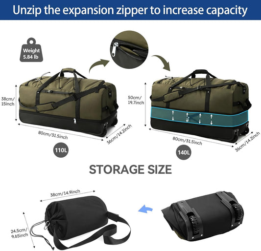 110L Expandable to 140L 32” Foldable Oxford Soft-Sided Rolling Duffle Bag with 2 Heavy-Duty Wheels,3 Large Compartments,Adjustable Shoulder Strap and Attached Organizer Pouch,Green - Roamly