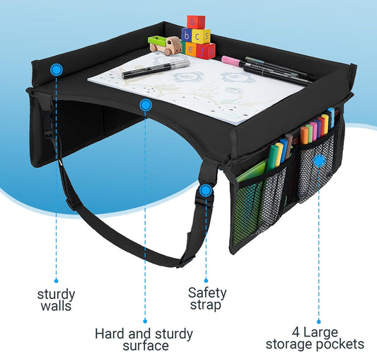 Children Auto Lap Pad - Travel Tray Tablet Holder,Car Seat Lap Tray for Toddlers, Kids,Use on Airplanes, Road Trips, Lap Desk,Tablet Holder and Carry Bag (Black)