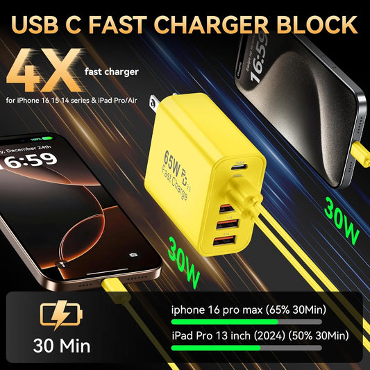 USB C Charger Block, 65W USBC Wall Charging Blocks 6-Port PD & QC Power Adapter Multiport Type C Fast Chargers Plug Cube Brick for iPhone 16/15/14/13/12/Pro Max,iPad Pro,Samsung Galaxy S25 Yellow