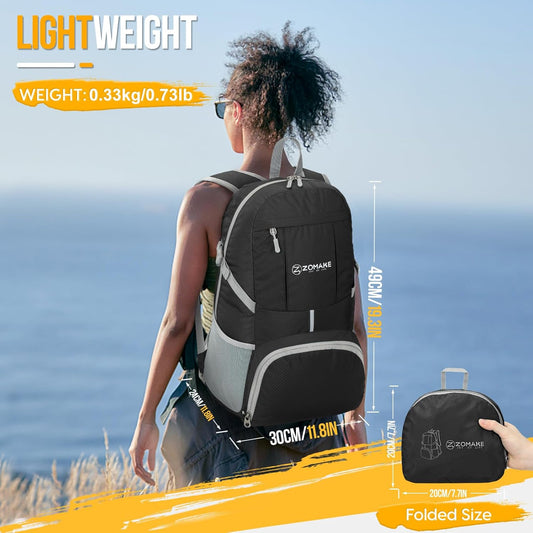 ZOMAKE Lightweight Packable Backpack 35L, Light Foldable Backpacks Water Resistant Collapsible Hiking Bag, Compact Folding Day Pack for Travel Camping(Black) - Roamly