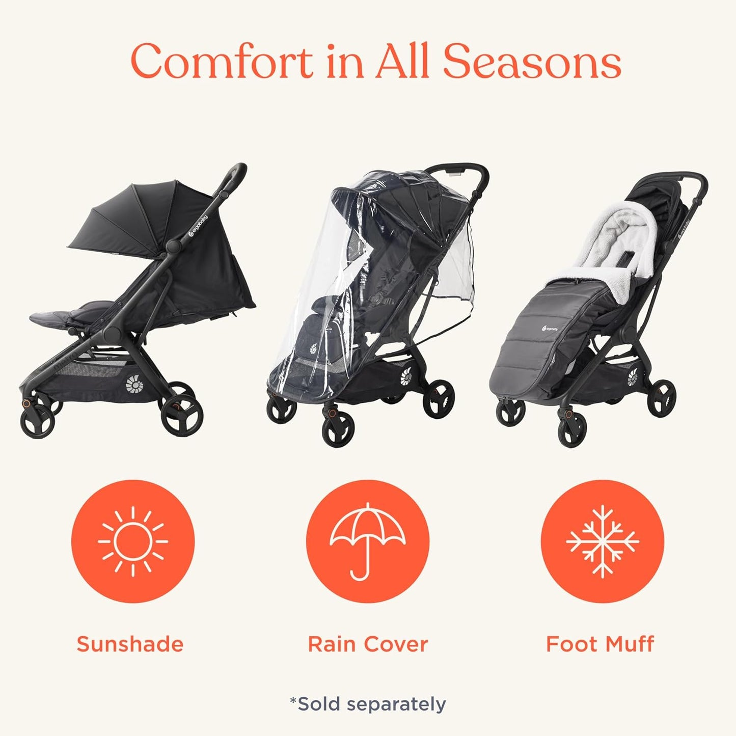 Ergobaby Metro 3 All in One Compact Baby Stroller, Lightweight Travel Stroller, Easy One-Hand Fold for Overhead Airplane Storage (Carries up to 50 lbs), Car Seat Compatible, Natural Beige