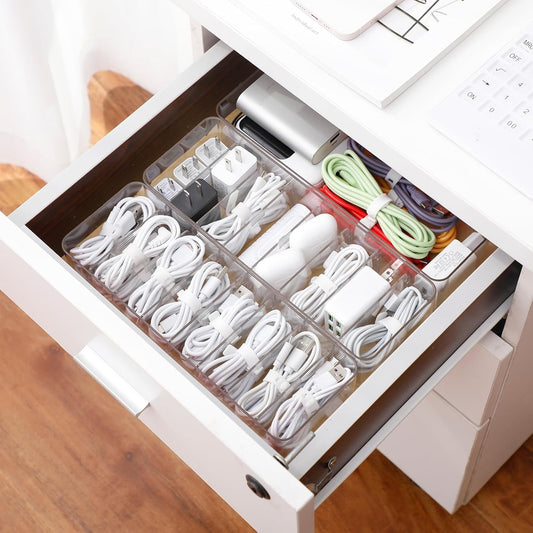 Yesesion 2 Pack Plastic Cable Management Box with Removable Dividers, Clear Cord Storage Organizer with 20 Wire Ties for Desk Drawer, Office Supplies, Electronic Accessories, Battery, Phone Charger