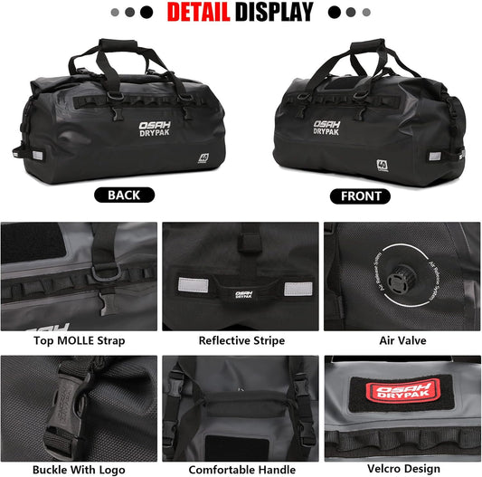Waterproof Duffel Bag - Motorcycle Dry Bag 40L Tail Bag with Large Storage Space, Waterproof Duffle Bags with Outer Mesh Zipper Pocket for Camping, Kayaking, Fishing & Traveling-Black
