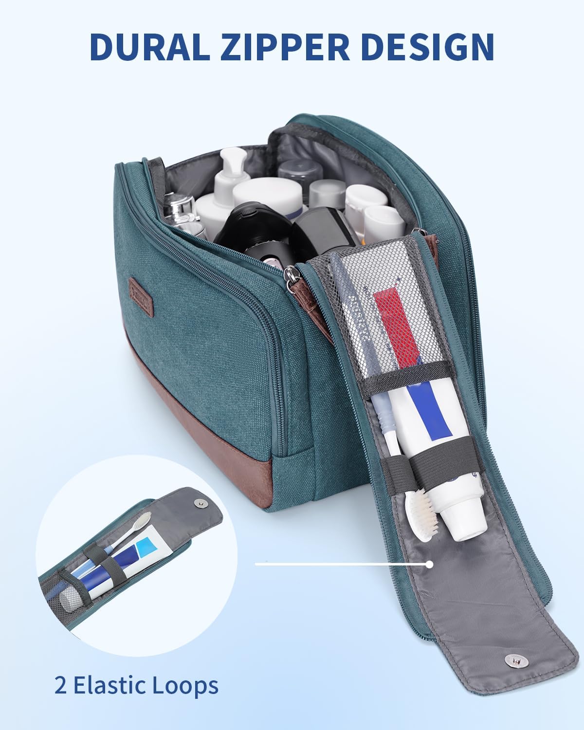 WANDF Toiletry Bag for Men Travel Toiletry Organizer Canvas and Leather Dopp Kit Water-Resistant Shaving Bag for Travel Accessories (Blue-Green, Large) - Roamly