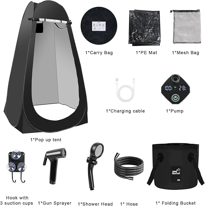 Pop Up Shower Tent for Camping, Portable Outdoor Privacy Shower Tent with 6000mAh Rechargeable Shower