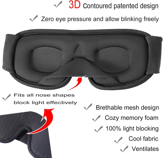 Sleep Mask for Men and Women 3D Contoured Eye Mask Patented Adjustable Light Blocking Night Mask for Sleeping (Black)