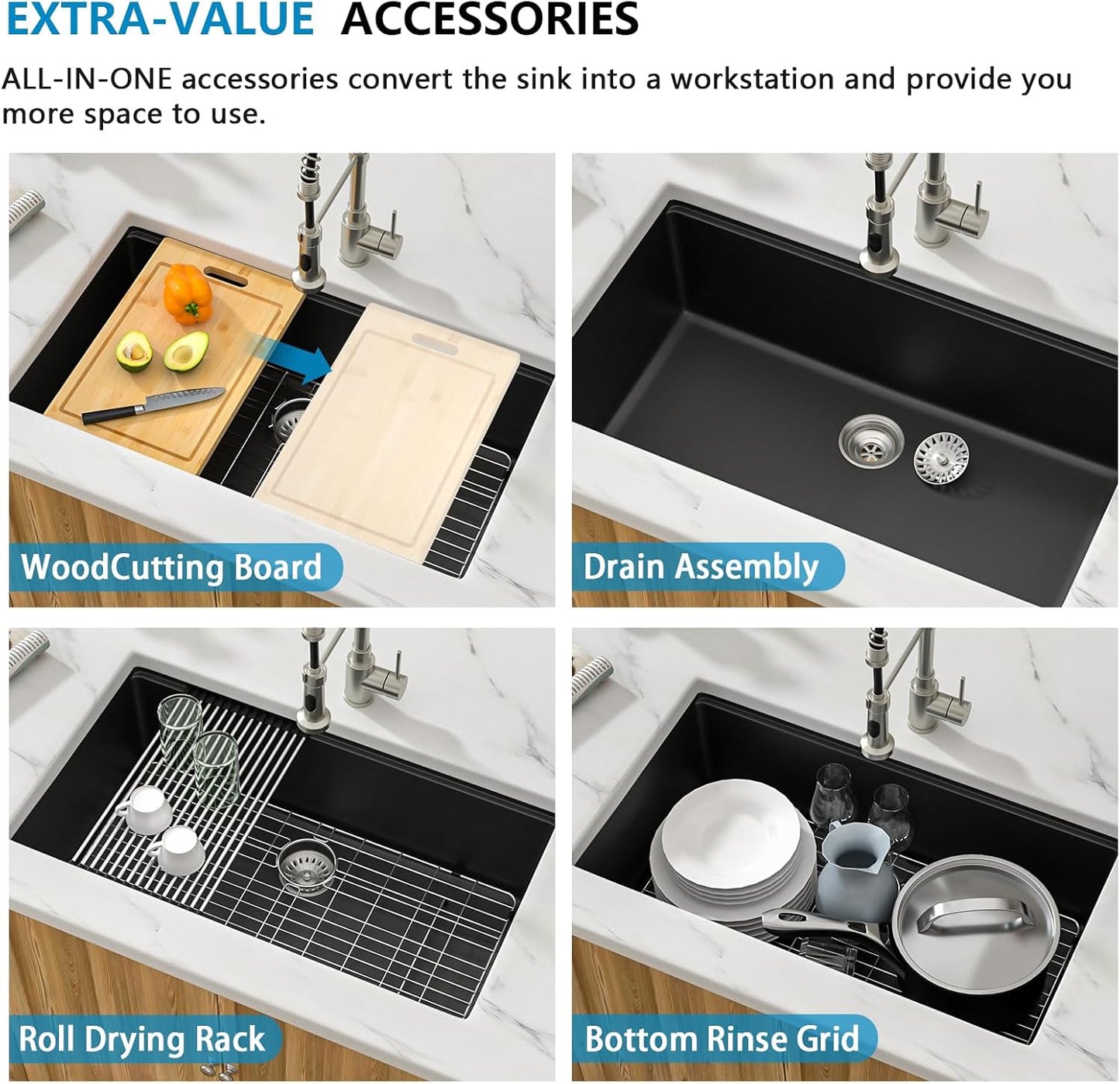32 Granite Composite Kitchen Sink - Donsdey 32 Inch Black Kitchen Sink Undermount Granite Quartz Composite Ledge Workstation Matte Black Under Counter Single Bowl Sink Basin
