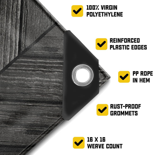 Core Tarps Extreme Heavy Duty 20 Mil Tarp Cover, Waterproof, UV Resistant, Rip and Tear Proof, Poly Tarpaulin with Reinforced Edges for Roof, Camping, Patio, Pool, Boat (Grey Wood/Black 12′ X 12′)